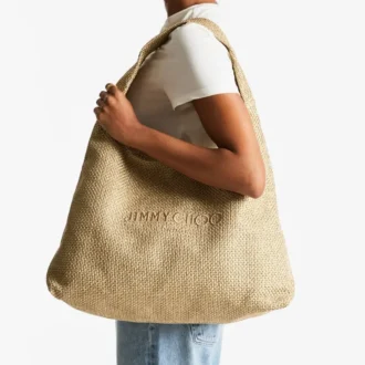Bolso de hombro Beach Diamond Hobo grande en rafia metalizada dorada y capuchino oscuro