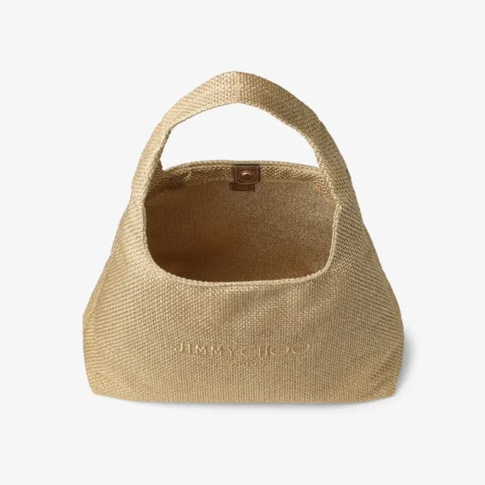 Bolso de hombro Beach Diamond Hobo grande en rafia metalizada dorada y capuchino oscuro