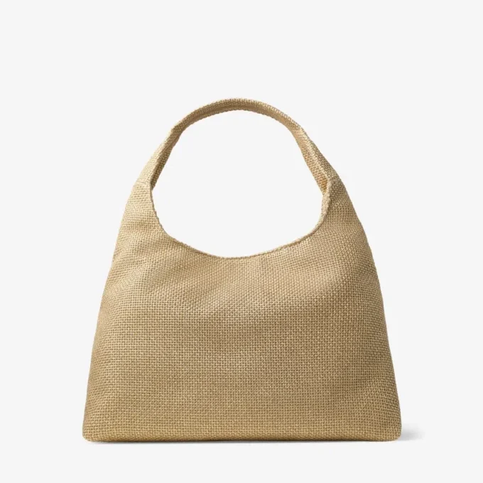 Bolso de hombro Beach Diamond Hobo grande en rafia metalizada dorada y capuchino oscuro