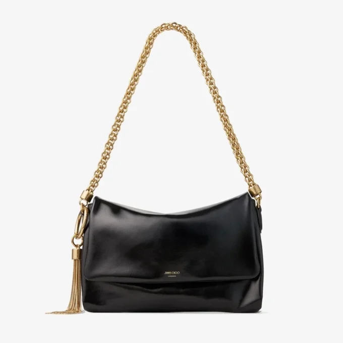 Bolso de hombro Callie con solapa de piel Biker brillante en negro