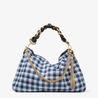 Bolso de hombro Callie Maxi de rafia a cuadros marinos con correa desmontable de piel napa trenzada