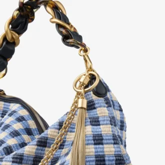 Bolso de hombro Callie Maxi de rafia a cuadros marinos con correa desmontable de piel napa trenzada