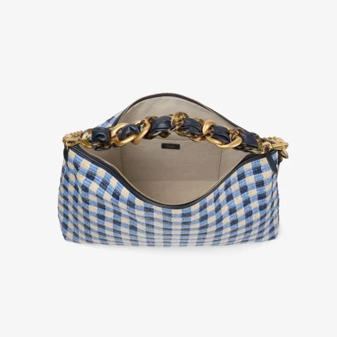 Bolso de hombro Callie Maxi de rafia a cuadros marinos con correa desmontable de piel napa trenzada