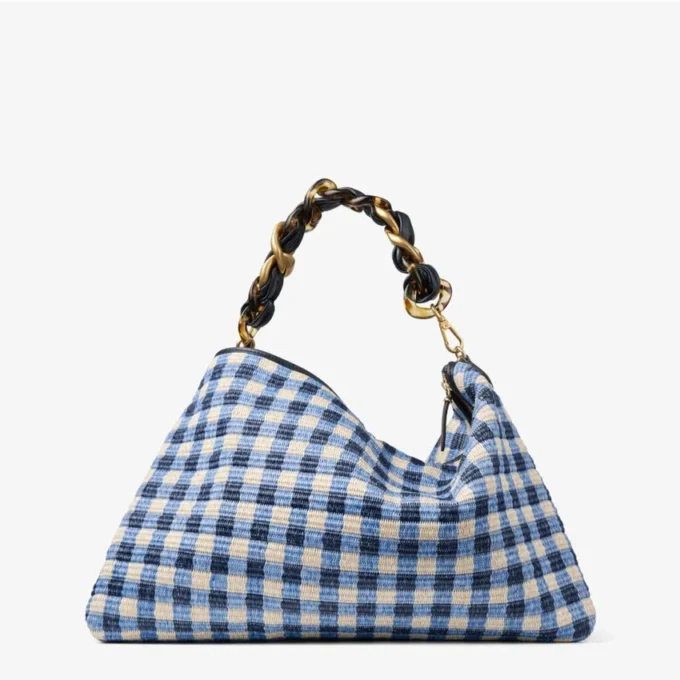 Bolso de hombro Callie Maxi de rafia a cuadros marinos con correa desmontable de piel napa trenzada