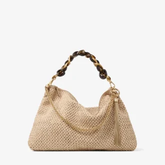 Bolso de hombro Callie Maxi de rafia natural y color café con correa desmontable de piel napa trenzada