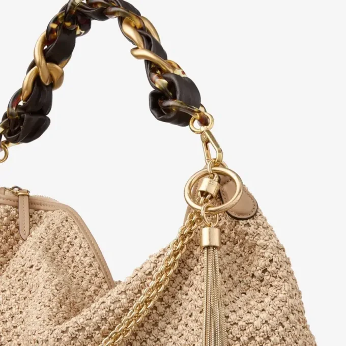 Bolso de hombro Callie Maxi de rafia natural y color café con correa desmontable de piel napa trenzada Bolso de hombro Callie Maxi de rafia natural y color café con correa desmontable de piel napa trenzada
