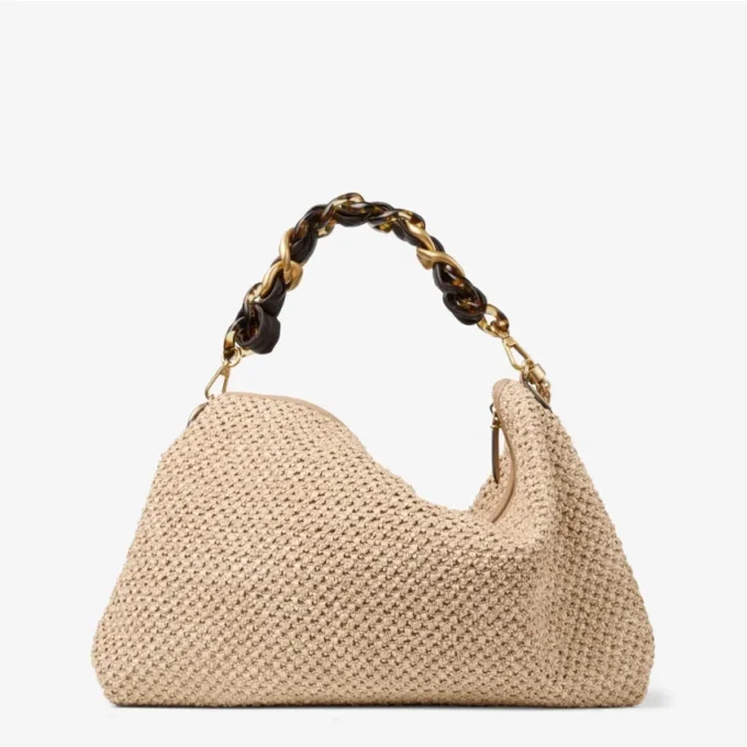 Bolso de hombro Callie Maxi de rafia natural y color café con correa desmontable de piel napa trenzada Bolso de hombro Callie Maxi de rafia natural y color café con correa desmontable de piel napa trenzada