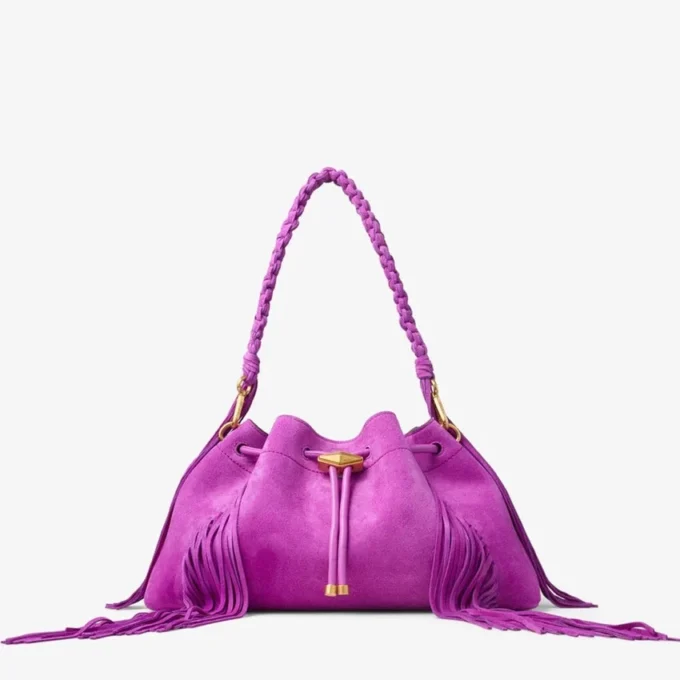Bolso de hombro Cinch mediano de ante violeta orquídea con flecos Bolso de hombro Cinch mediano de ante violeta orquídea con flecos