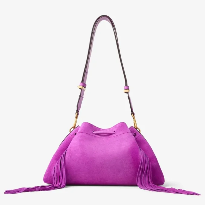 Bolso de hombro Cinch mediano de ante violeta orquídea con flecos Bolso de hombro Cinch mediano de ante violeta orquídea con flecos