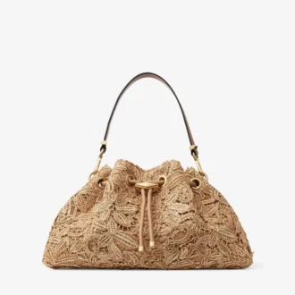 Bolso de hombro Cinch mediano de rafia tejida con motivos florales naturales