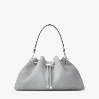 Bolso de hombro Cinch mediano en denim de ante color paloma y piel de becerro lisa