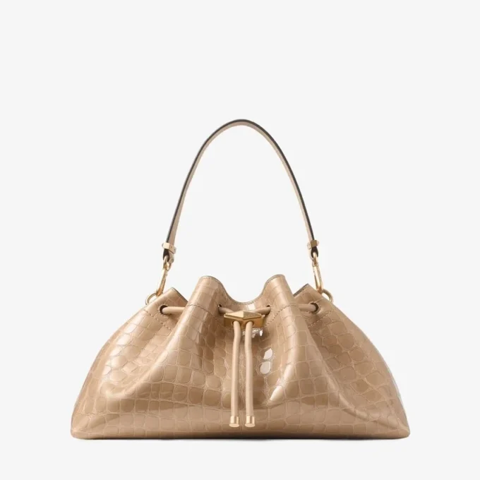 Bolso de hombro Cinch mediano en piel con relieve de cocodrilo brillante