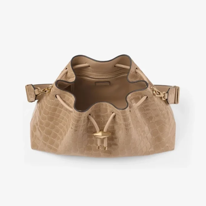 Bolso de hombro Cinch mediano en piel con relieve de cocodrilo brillante