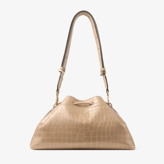 Bolso de hombro Cinch mediano en piel con relieve de cocodrilo brillante