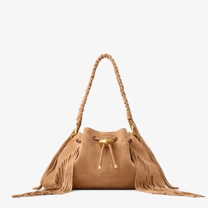 Bolso de hombro mediano Cinch de ante color toffee con flecos Bolso de hombro mediano Cinch de ante color toffee con flecos