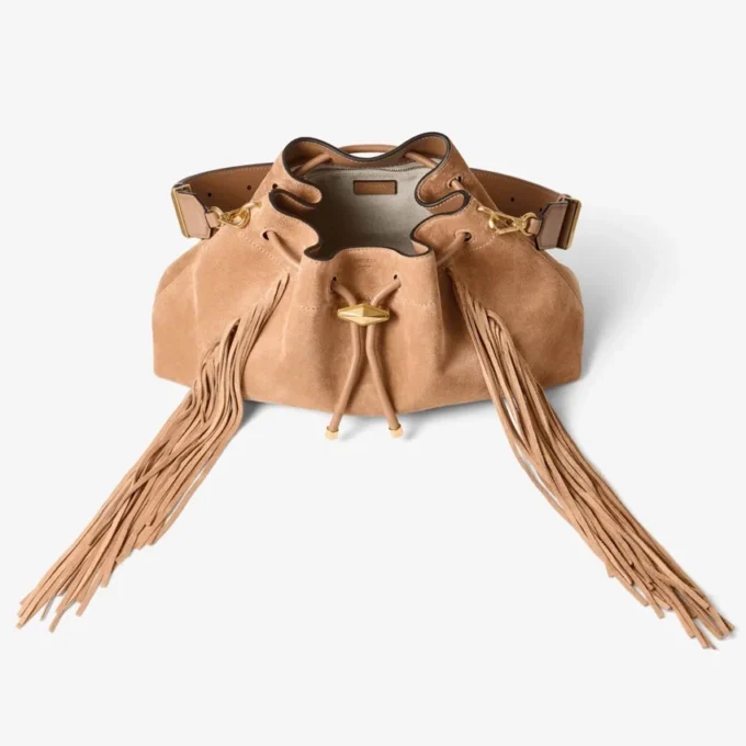 Bolso de hombro mediano Cinch de ante color toffee con flecos Bolso de hombro mediano Cinch de ante color toffee con flecos