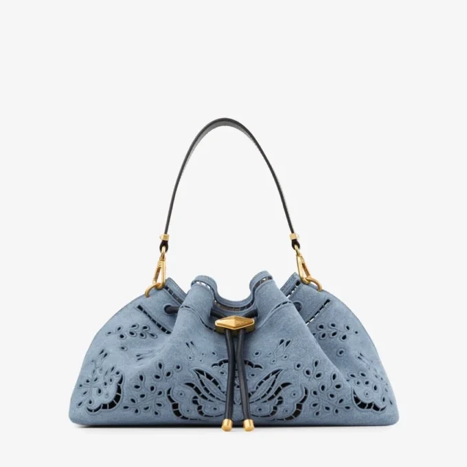 Bolso de hombro mediano Cinch de denim con bordado Sangallo Bolso de hombro mediano Cinch de denim con bordado Sangallo