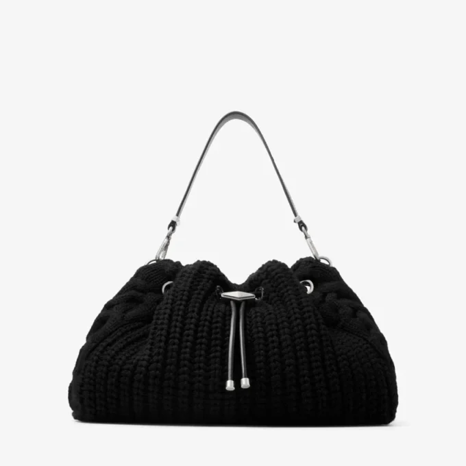 Bolso de hombro mediano Cinch de lana tejida en negro Bolso de hombro mediano Cinch de lana tejida en negro