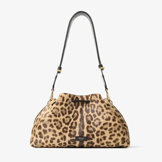 Bolso de hombro mediano Cinch de potro con estampado de leopardo natural Bolso de hombro mediano Cinch de potro con estampado de leopardo natural