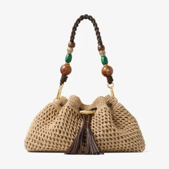 Bolso de hombro mediano Cinch de rafia de ganchillo en tonos naturales y chocolate con correa trenzada