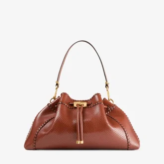 Bolso de hombro mediano Cinch en piel estampada de elaphe color coñac con costuras de cuero estilo Biker