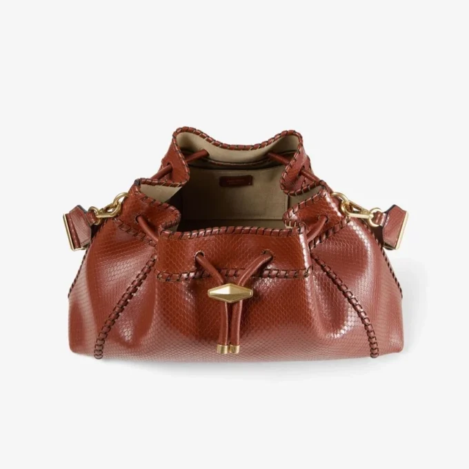 Bolso de hombro mediano Cinch en piel estampada de elaphe color coñac con costuras de cuero estilo Biker