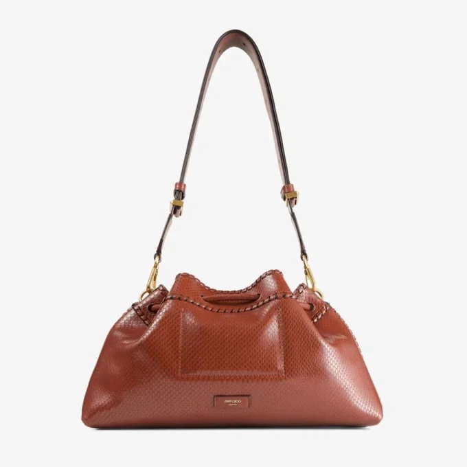 Bolso de hombro mediano Cinch en piel estampada de elaphe color coñac con costuras de cuero estilo Biker