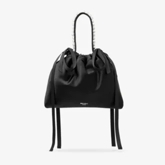 Bolso de hombro mini de satén negro con cordón y asa superior