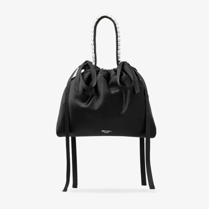 Bolso de hombro mini de satén negro con cordón y asa superior
