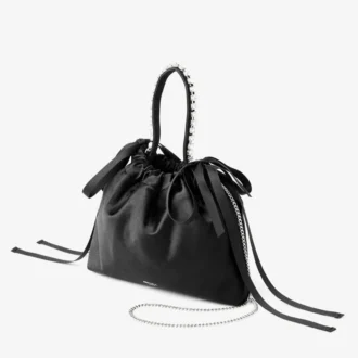 Bolso de hombro mini de satén negro con cordón y asa superior