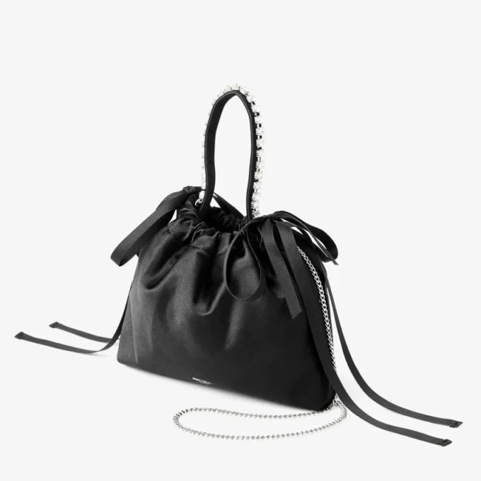 Bolso de hombro mini de satén negro con cordón y asa superior