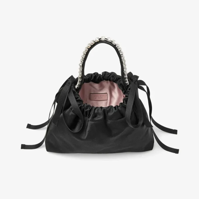 Bolso de hombro mini de satén negro con cordón y asa superior
