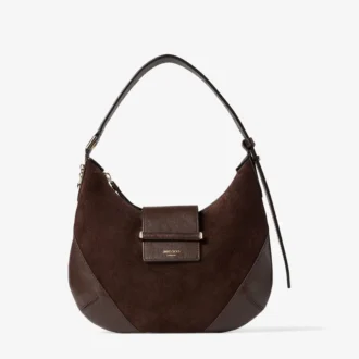 Bolso de hombro pequeño Bar Hobo de ante color chocolate con ribete de cuero Biker