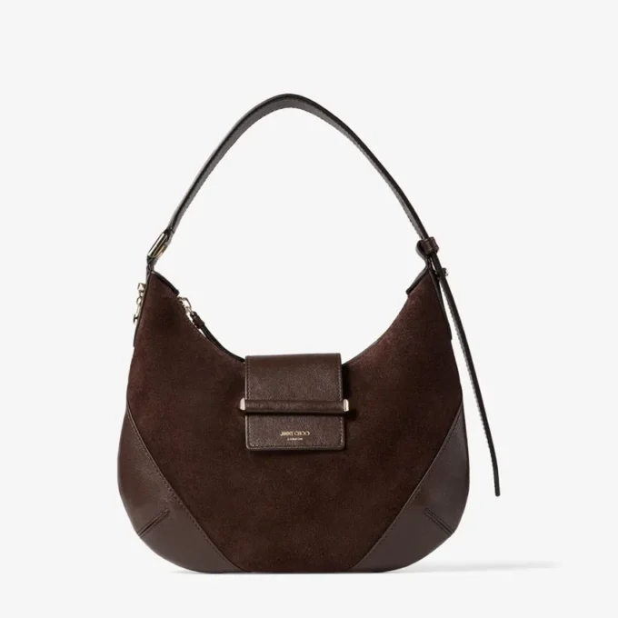 Bolso de hombro pequeño Bar Hobo de ante color chocolate con ribete de cuero Biker Bolso de hombro pequeño Bar Hobo de ante color chocolate con ribete de cuero Biker