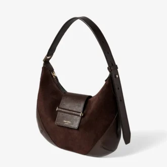 Bolso de hombro pequeño Bar Hobo de ante color chocolate con ribete de cuero Biker
