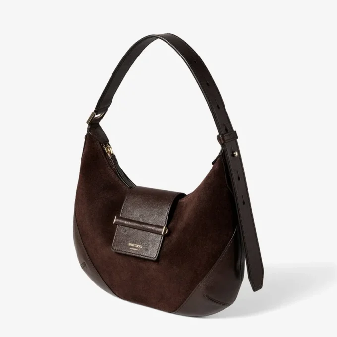Bolso de hombro pequeño Bar Hobo de ante color chocolate con ribete de cuero Biker Bolso de hombro pequeño Bar Hobo de ante color chocolate con ribete de cuero Biker