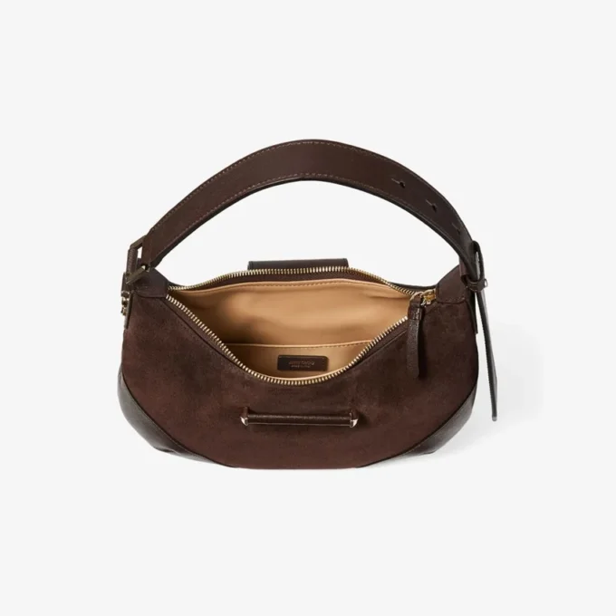 Bolso de hombro pequeño Bar Hobo de ante color chocolate con ribete de cuero Biker Bolso de hombro pequeño Bar Hobo de ante color chocolate con ribete de cuero Biker