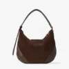Bolso de hombro pequeño Bar Hobo de ante color chocolate con ribete de cuero Biker Bolso de hombro pequeño Bar Hobo de ante color chocolate con ribete de cuero Biker