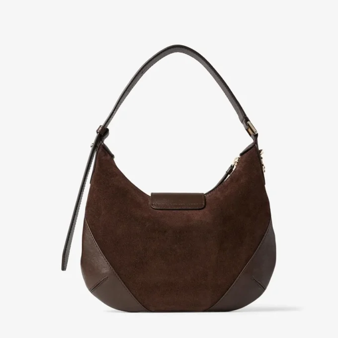 Bolso de hombro pequeño Bar Hobo de ante color chocolate con ribete de cuero Biker Bolso de hombro pequeño Bar Hobo de ante color chocolate con ribete de cuero Biker
