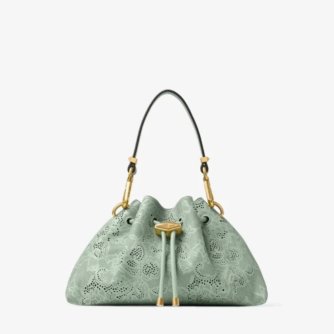 Bolso de hombro pequeño Cinch de Jimmy Choo en cuero perforado verde Bolso de hombro pequeño Cinch de Jimmy Choo en cuero perforado verde