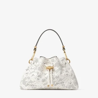 Bolso de hombro pequeño Cinch de piel de encaje perforada color latte