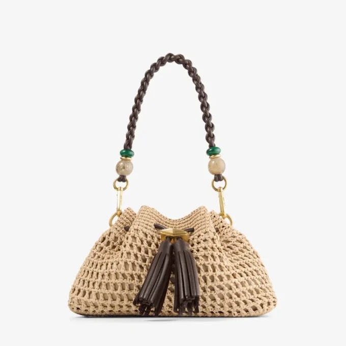 Bolso de hombro pequeño Cinch de rafia de ganchillo en color natural y chocolate con correa trenzada Bolso de hombro pequeño Cinch de rafia de ganchillo en color natural y chocolate con correa trenzada