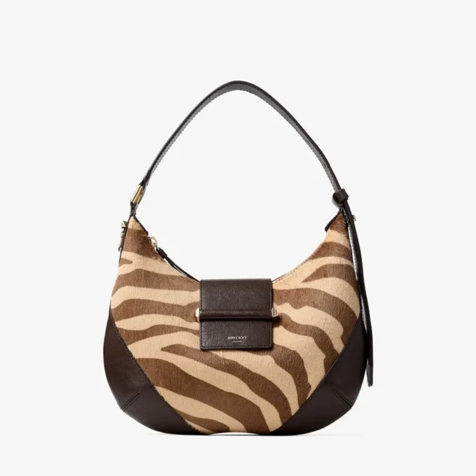 Bolso de hombro pequeño tipo hobo con barra, de piel de potro con estampado de cebra natural