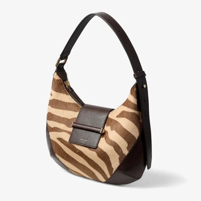 Bolso de hombro pequeño tipo hobo con barra, de piel de potro con estampado de cebra natural
