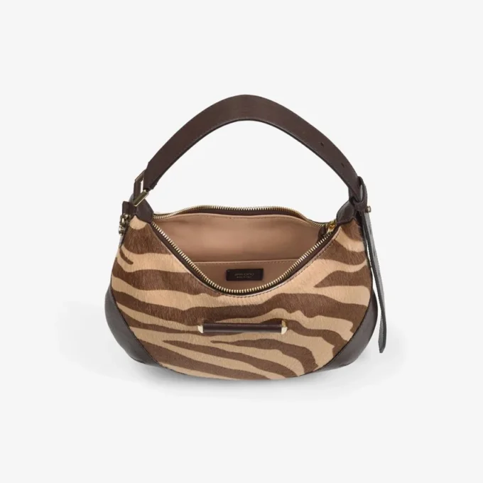 Bolso de hombro pequeño tipo hobo con barra, de piel de potro con estampado de cebra natural