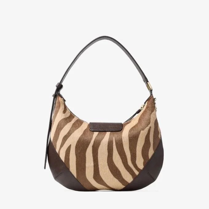 Bolso de hombro pequeño tipo hobo con barra, de piel de potro con estampado de cebra natural