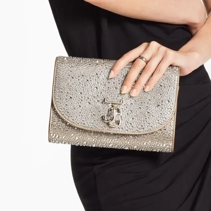 Bolso de mano Curve de ante dorado brillante con cristales Hotfix Bolso de mano Curve de ante dorado brillante con cristales Hotfix