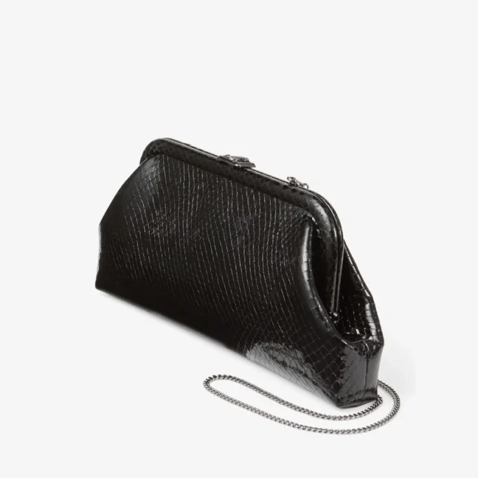 Bolso de mano Skylar de piel negra brillante con estampado de serpiente y cierre cuadrado JC