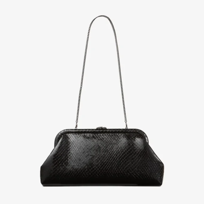 Bolso de mano Skylar de piel negra brillante con estampado de serpiente y cierre cuadrado JC