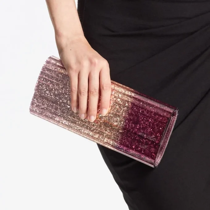 Bolso de mano Sweetie de plexiglás acrílico con purpurina degradada en tono rosa sedoso
